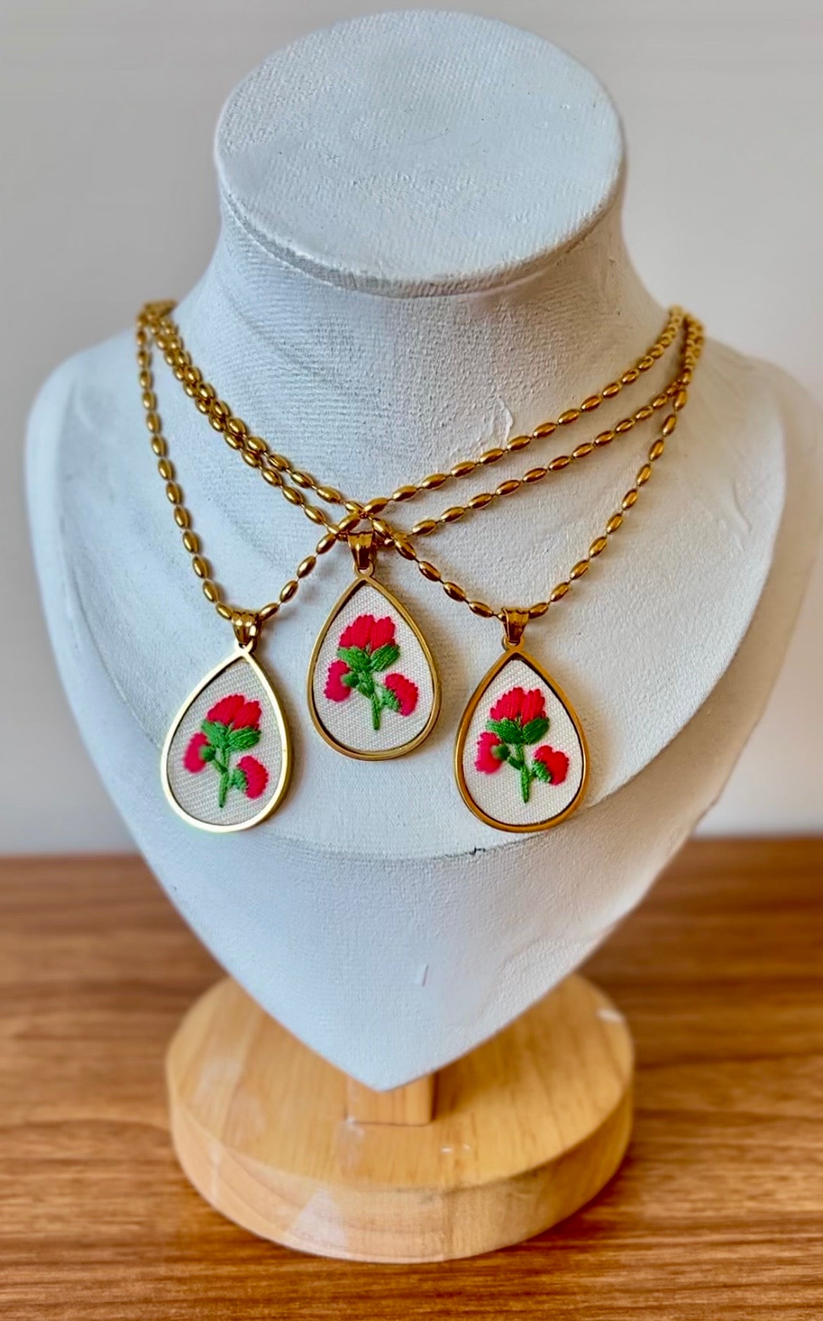 Pink Embroidered Floral Teardrop Necklace