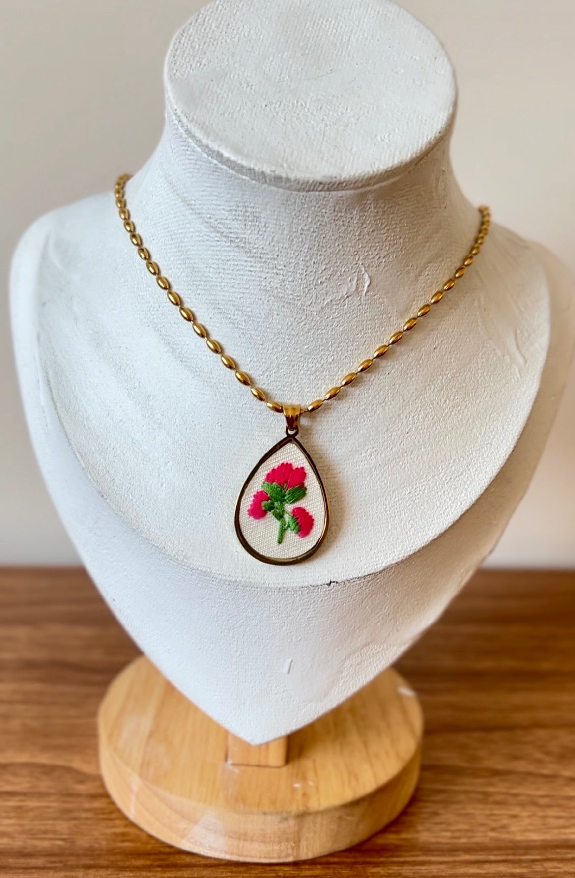 Pink Embroidered Floral Teardrop Necklace