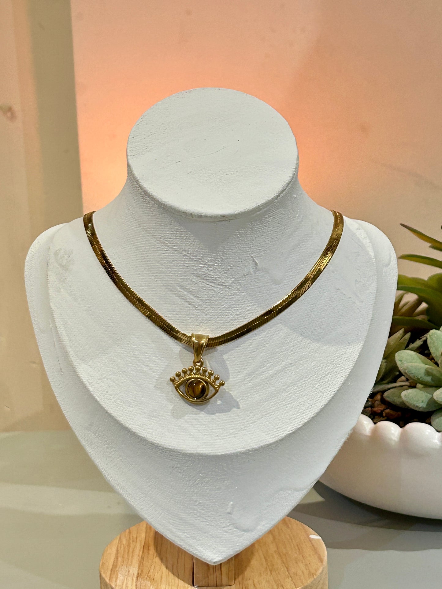 Evil Eye Snake Chain Necklace – Removable Natural Stone Pendant