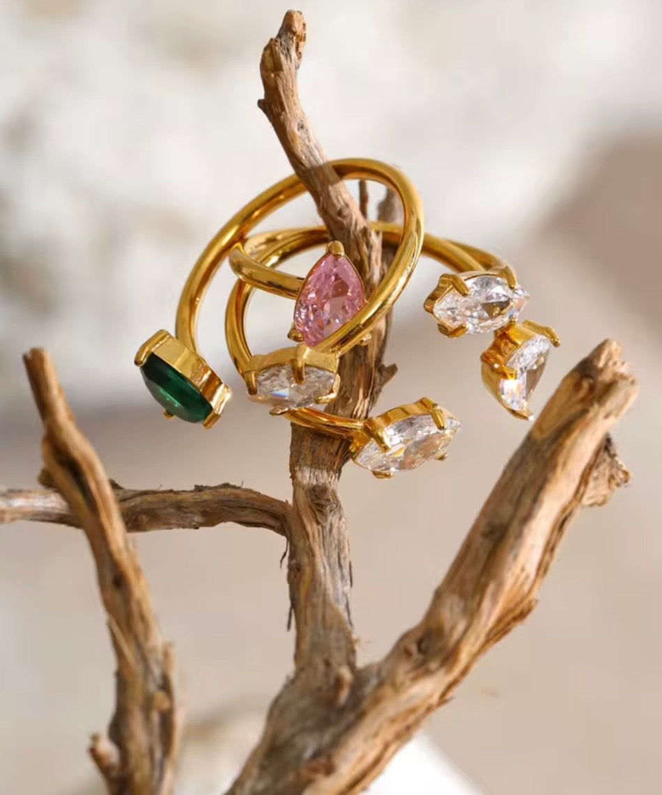 Teardrop CZ Open Adjustable Ring – 18K PVD Gold Plated Stainless Steel