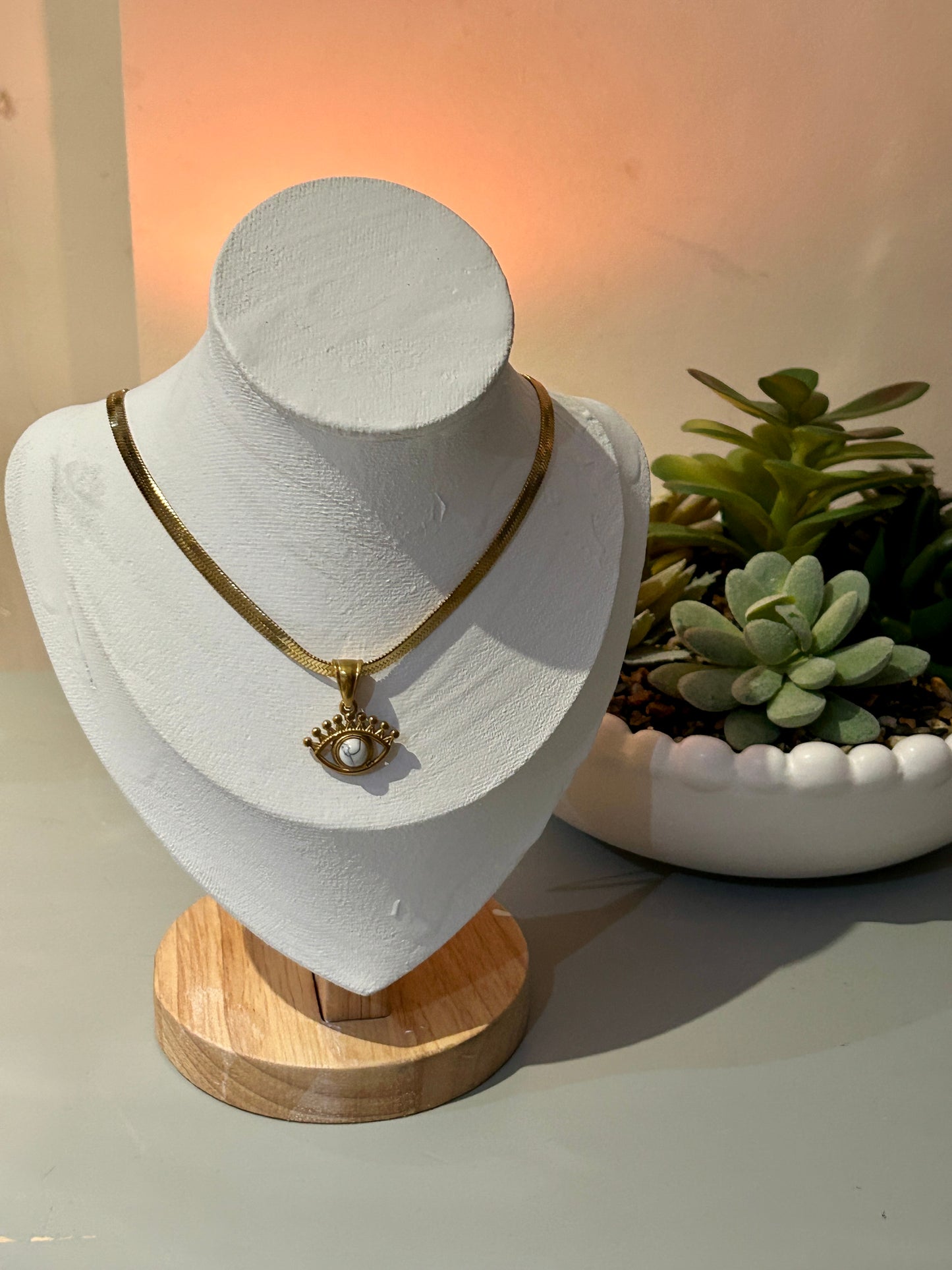 Evil Eye Snake Chain Necklace – Removable Natural Stone Pendant