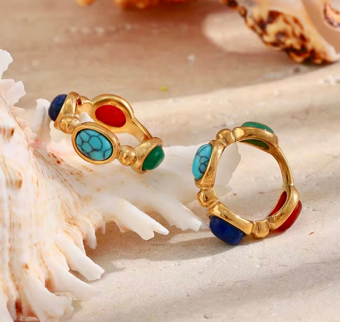 Colourful Natural Stone Statement Ring – 18K Gold Plated 316L Stainless Steel