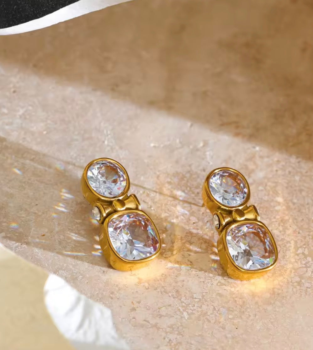 Two-Stone Cushion & Round Gold Drop Earrings