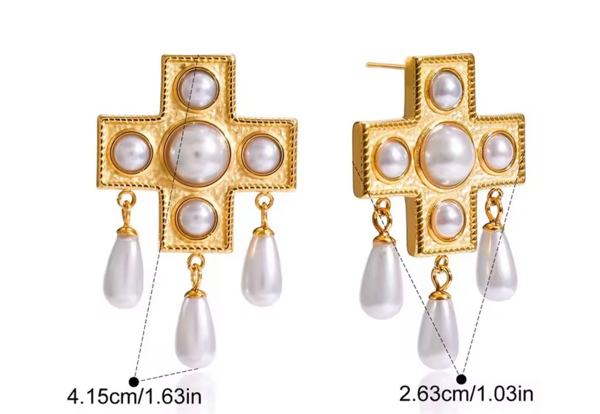 Vintage Cross Imitation Pearl Drop Earrings