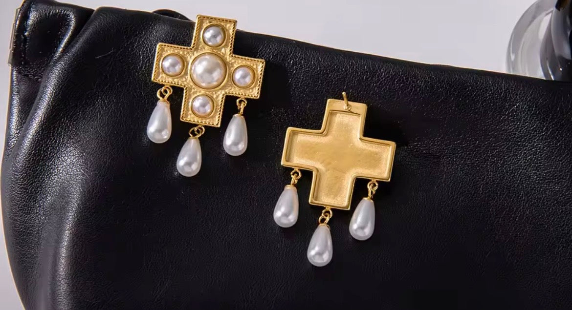 Vintage Cross Imitation Pearl Drop Earrings