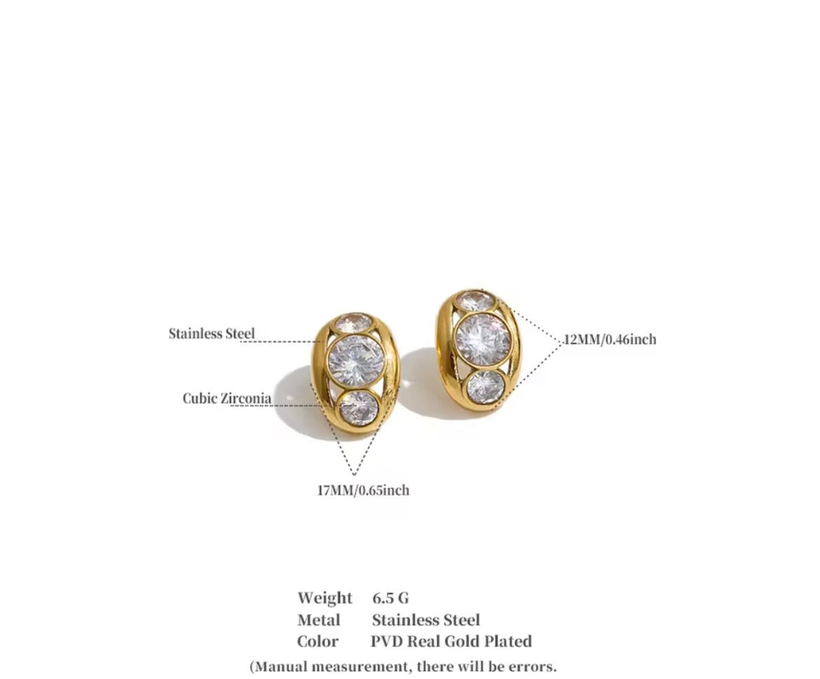 Three-Stone Oval Gold Stud Earrings