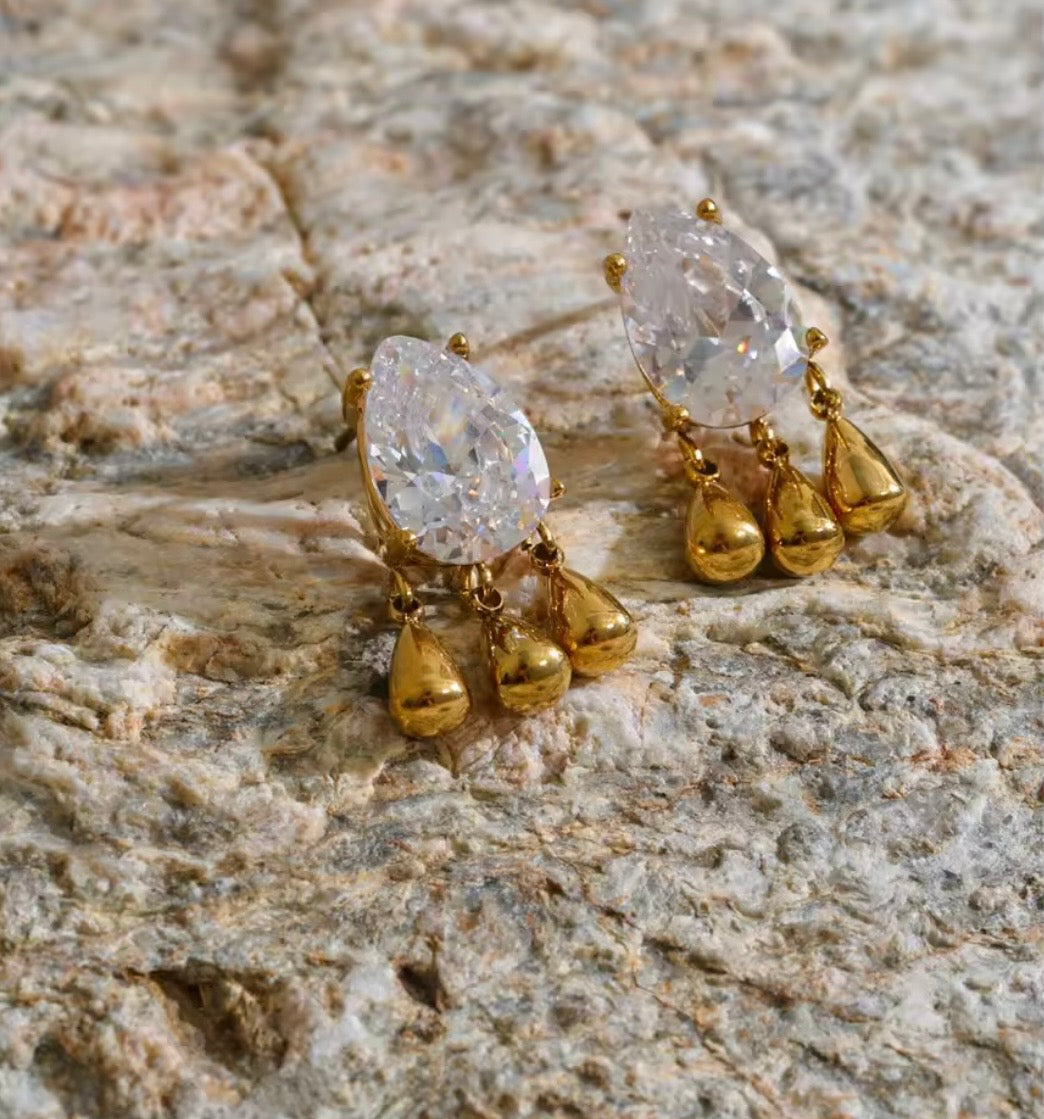 Gold Teardrop CZ Triple Dangle Earrings