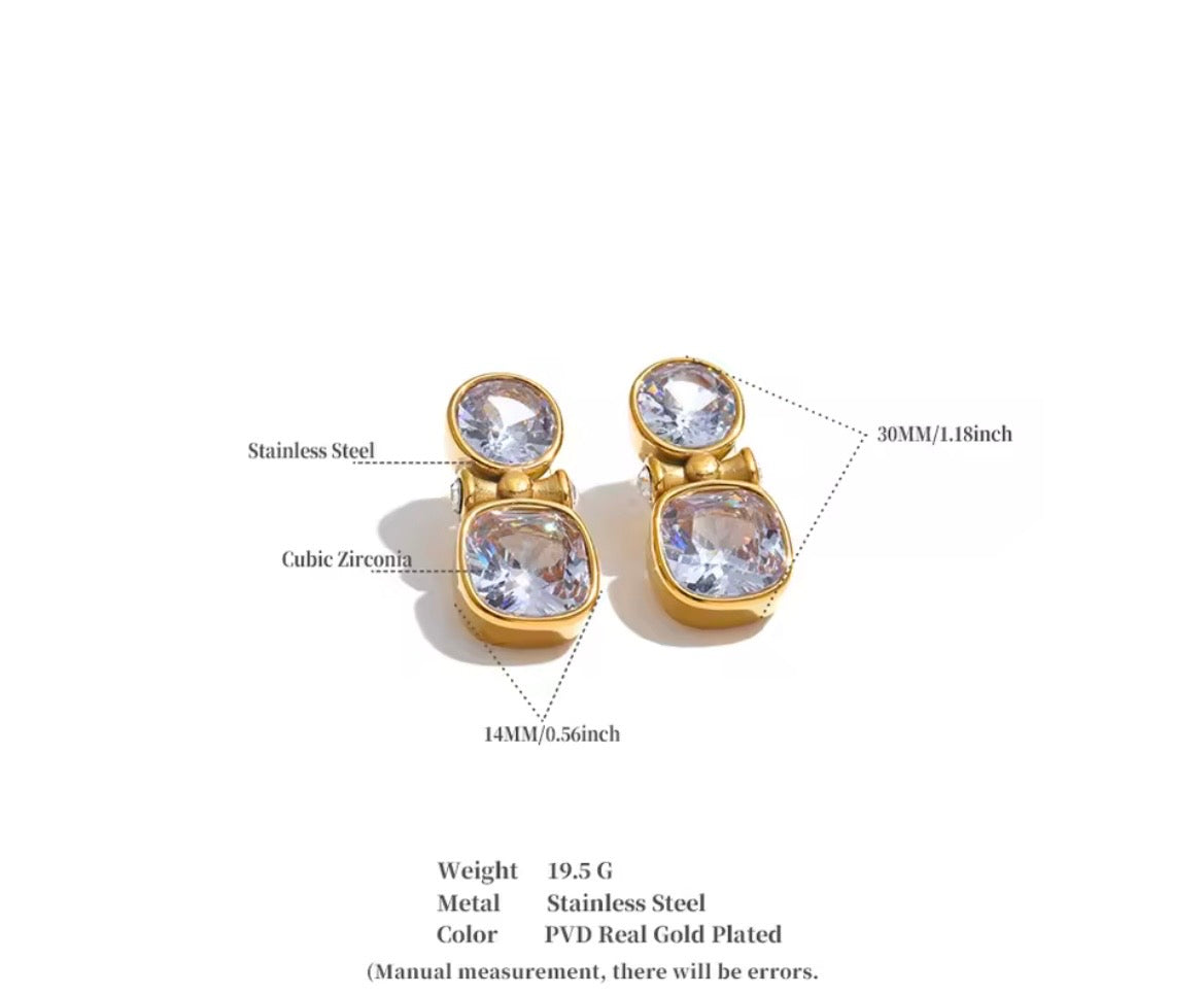 Two-Stone Cushion & Round Gold Drop Earrings