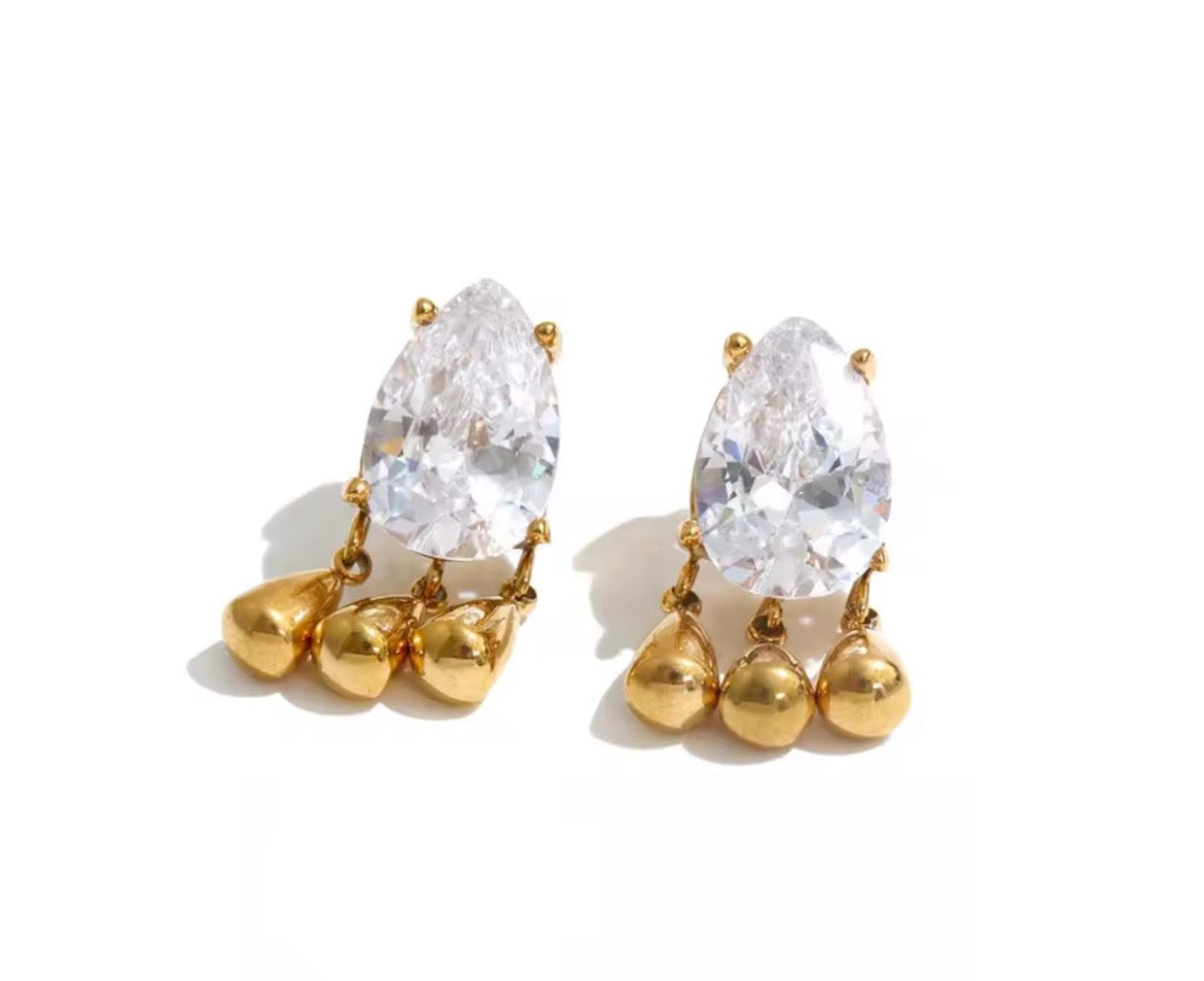 Gold Teardrop CZ Triple Dangle Earrings