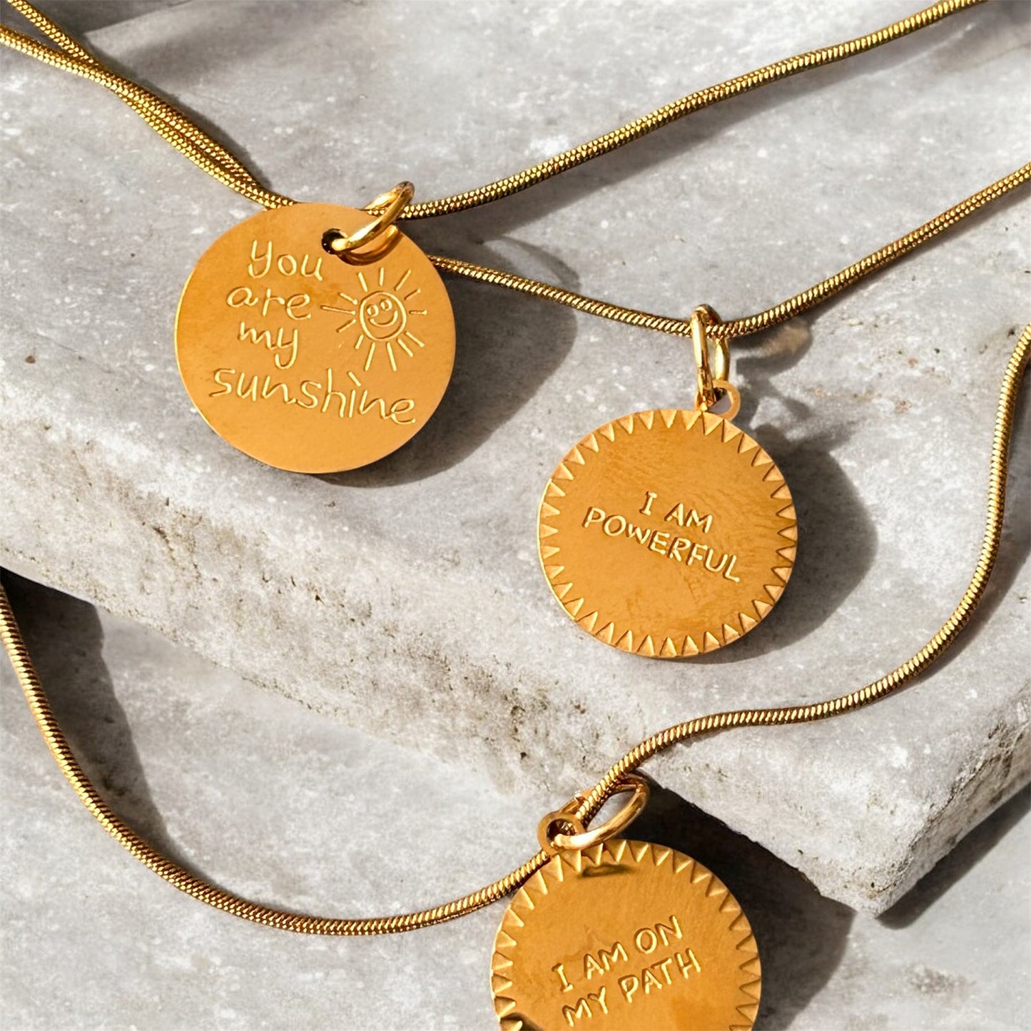 Affirmation Disc Pendant Necklace – Stainless Steel Snake Chain (3 Designs)