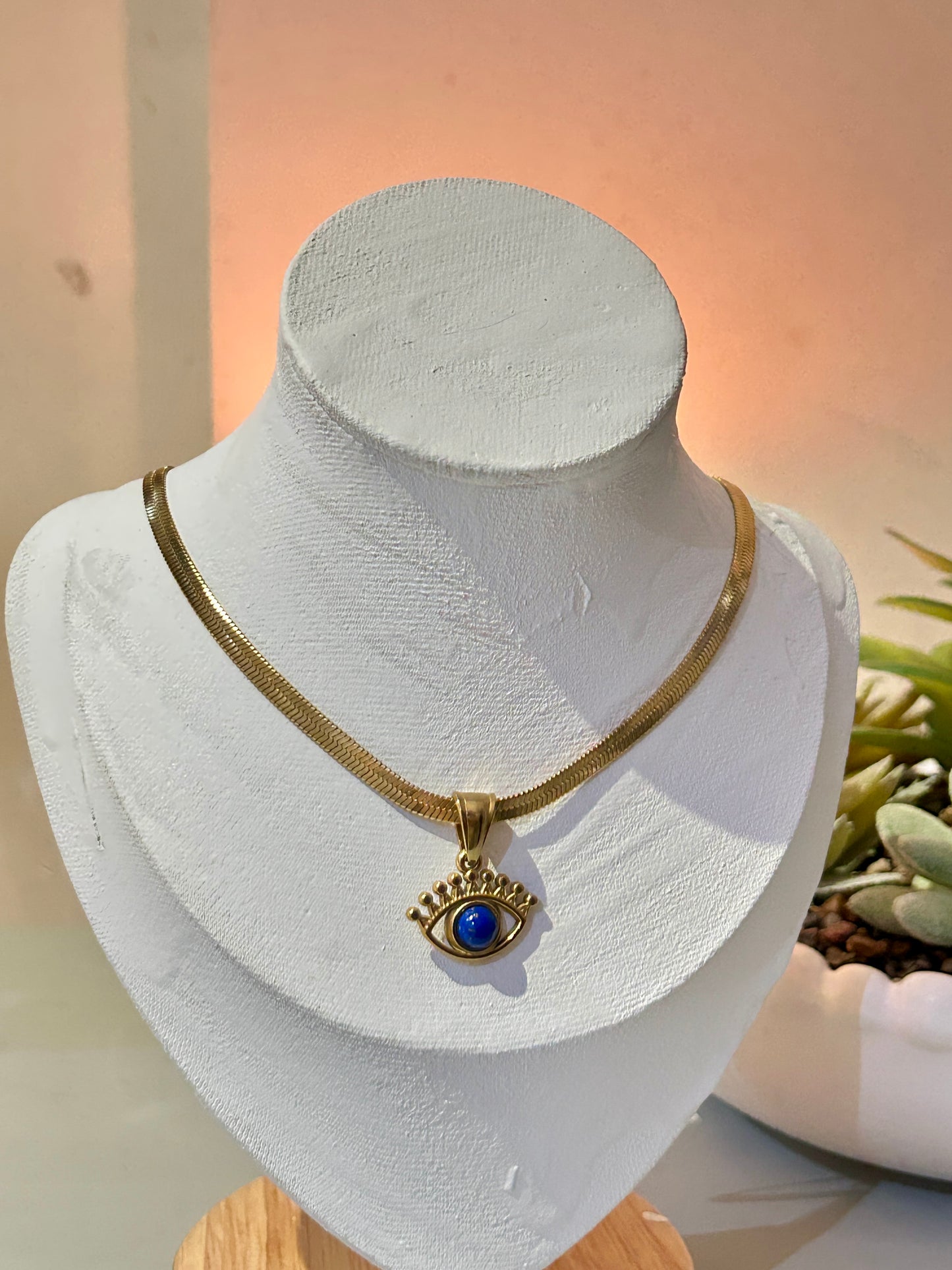 Evil Eye Snake Chain Necklace – Removable Natural Stone Pendant