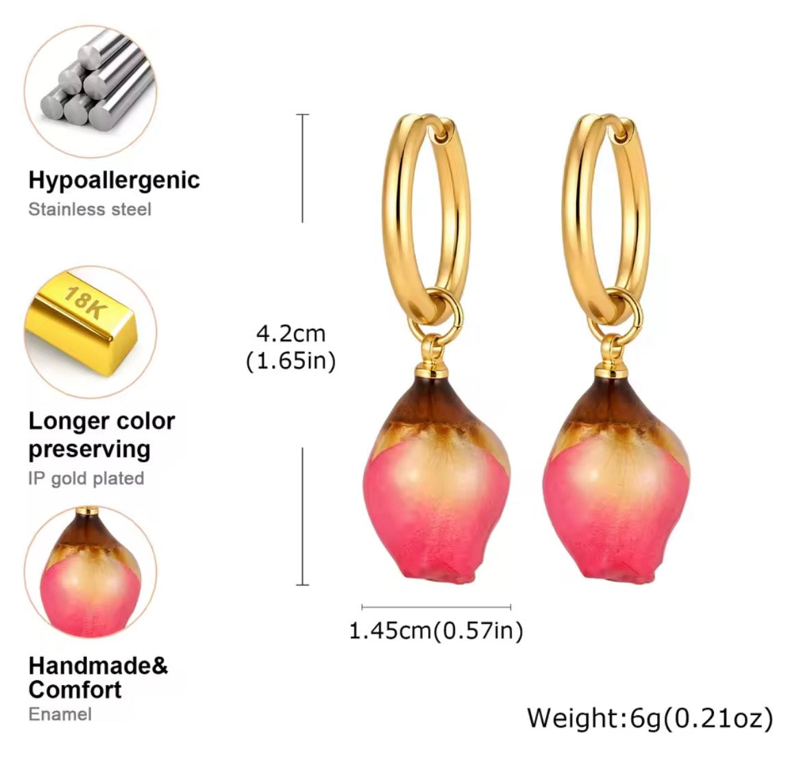 Bloom Rose Petal Hoop Earrings – Natural Rose Flower Petals | 18K PVD Gold Plated Stainless Steel