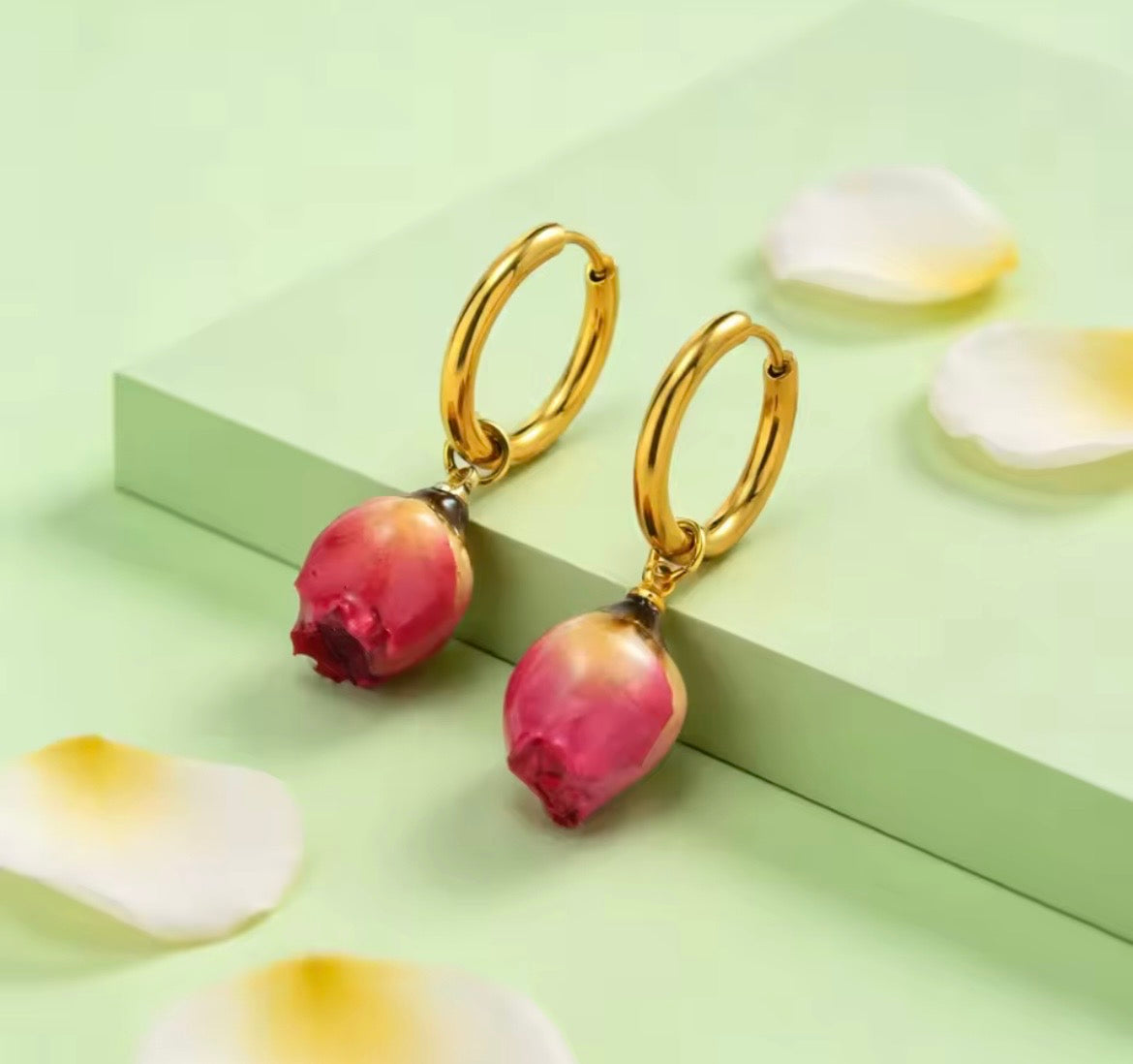 Bloom Rose Petal Hoop Earrings – Natural Rose Flower Petals | 18K PVD Gold Plated Stainless Steel