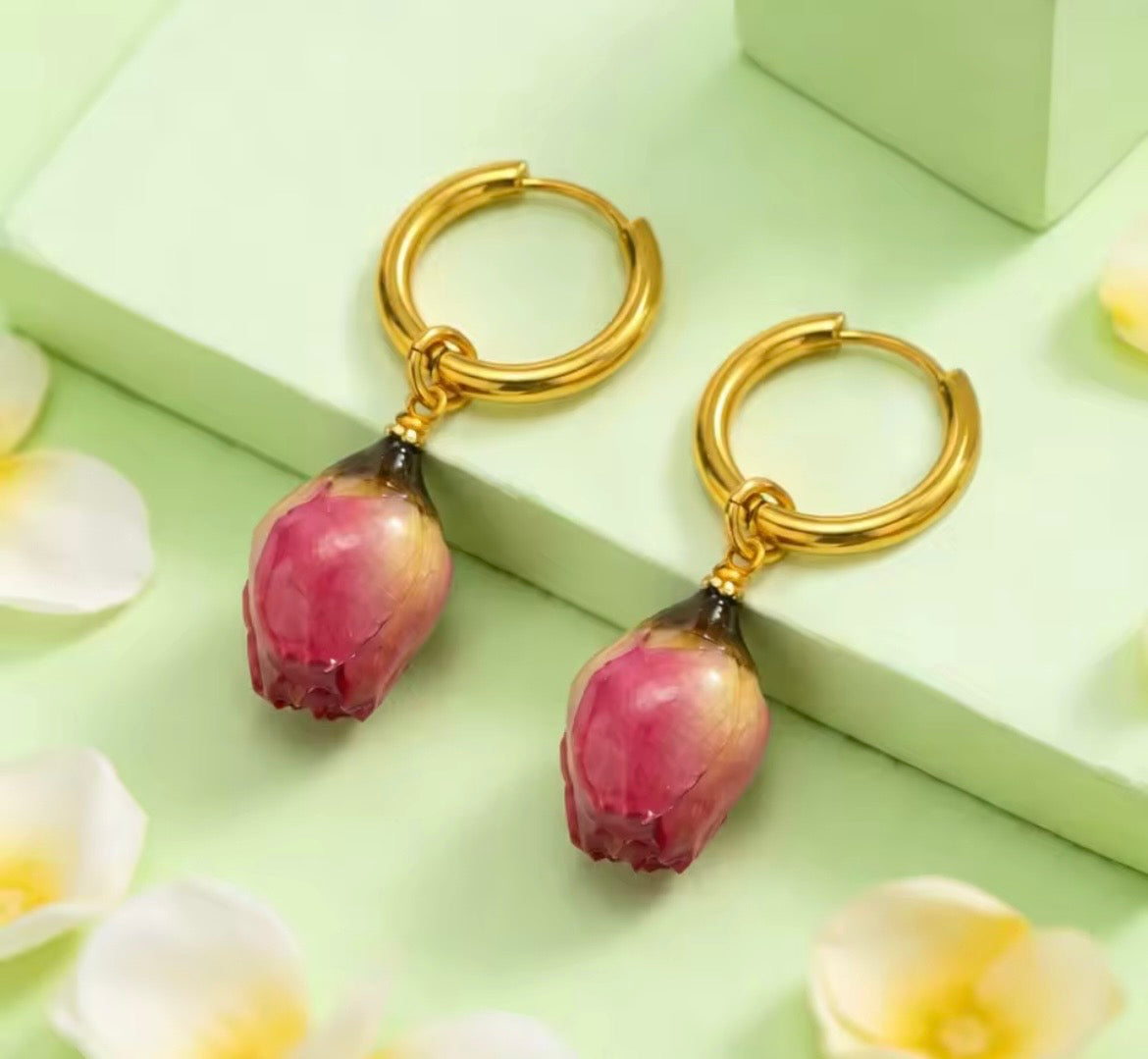 Bloom Rose Petal Hoop Earrings – Natural Rose Flower Petals | 18K PVD Gold Plated Stainless Steel