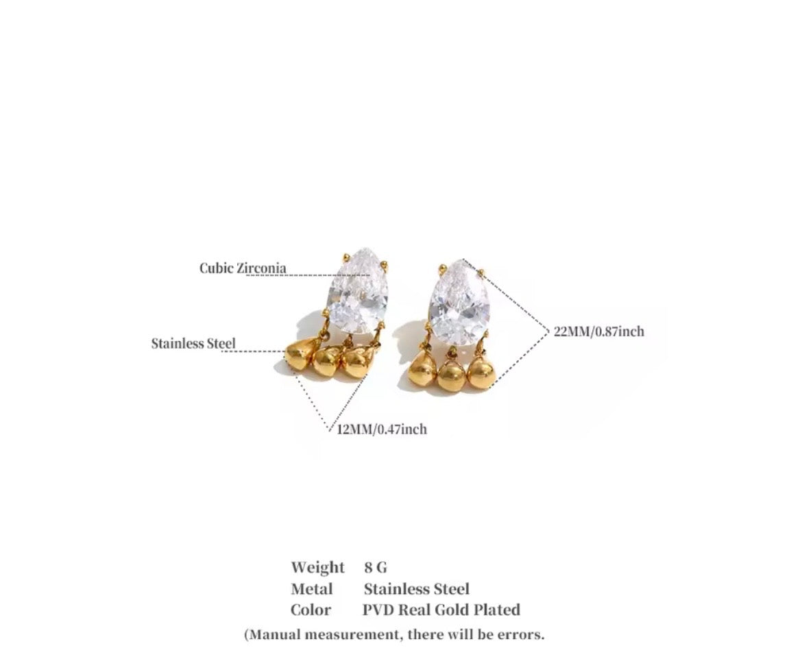 Gold Teardrop CZ Triple Dangle Earrings