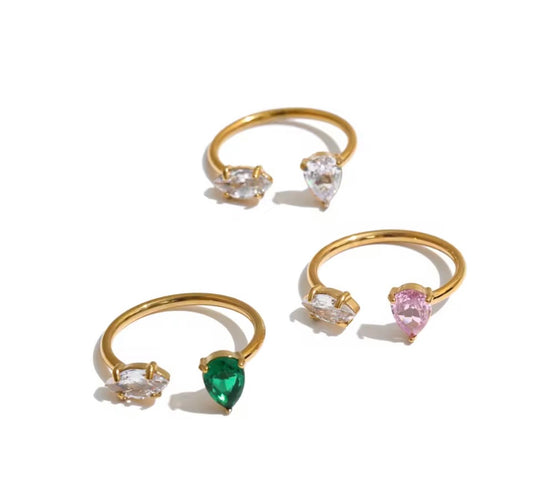Teardrop CZ Open Adjustable Ring – 18K PVD Gold Plated Stainless Steel