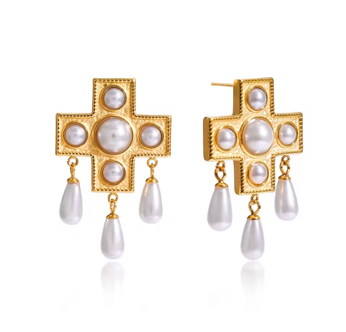Vintage Cross Imitation Pearl Drop Earrings