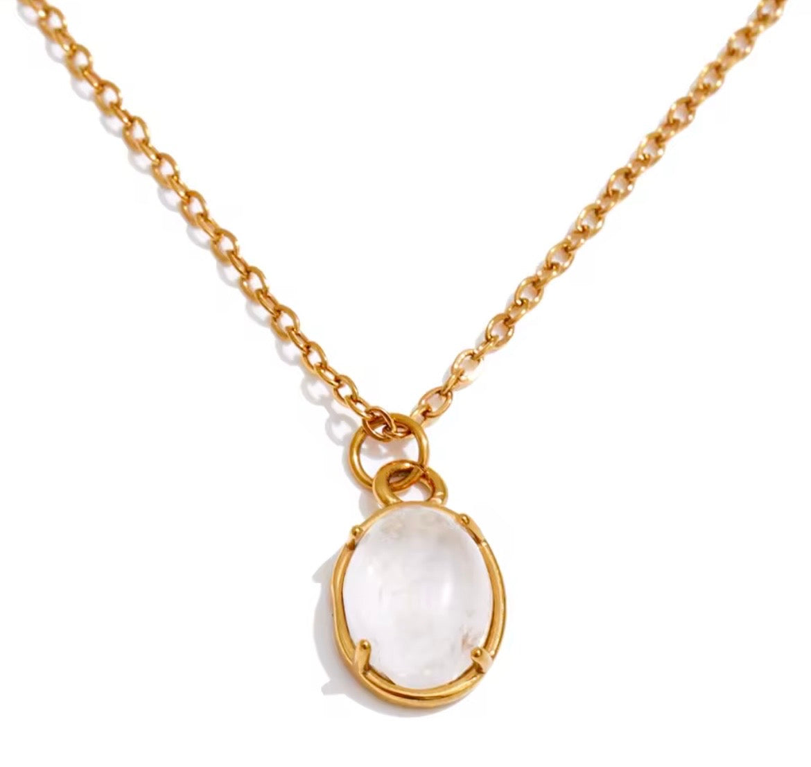Natural White Stone Pendant Necklace – 18K PVD Gold Plated Stainless Steel