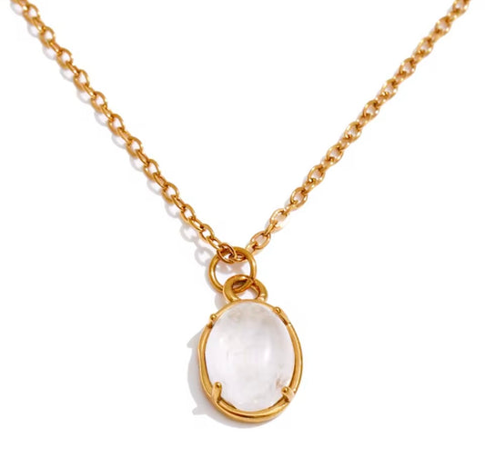 Natural White Stone Pendant Necklace – 18K PVD Gold Plated Stainless Steel