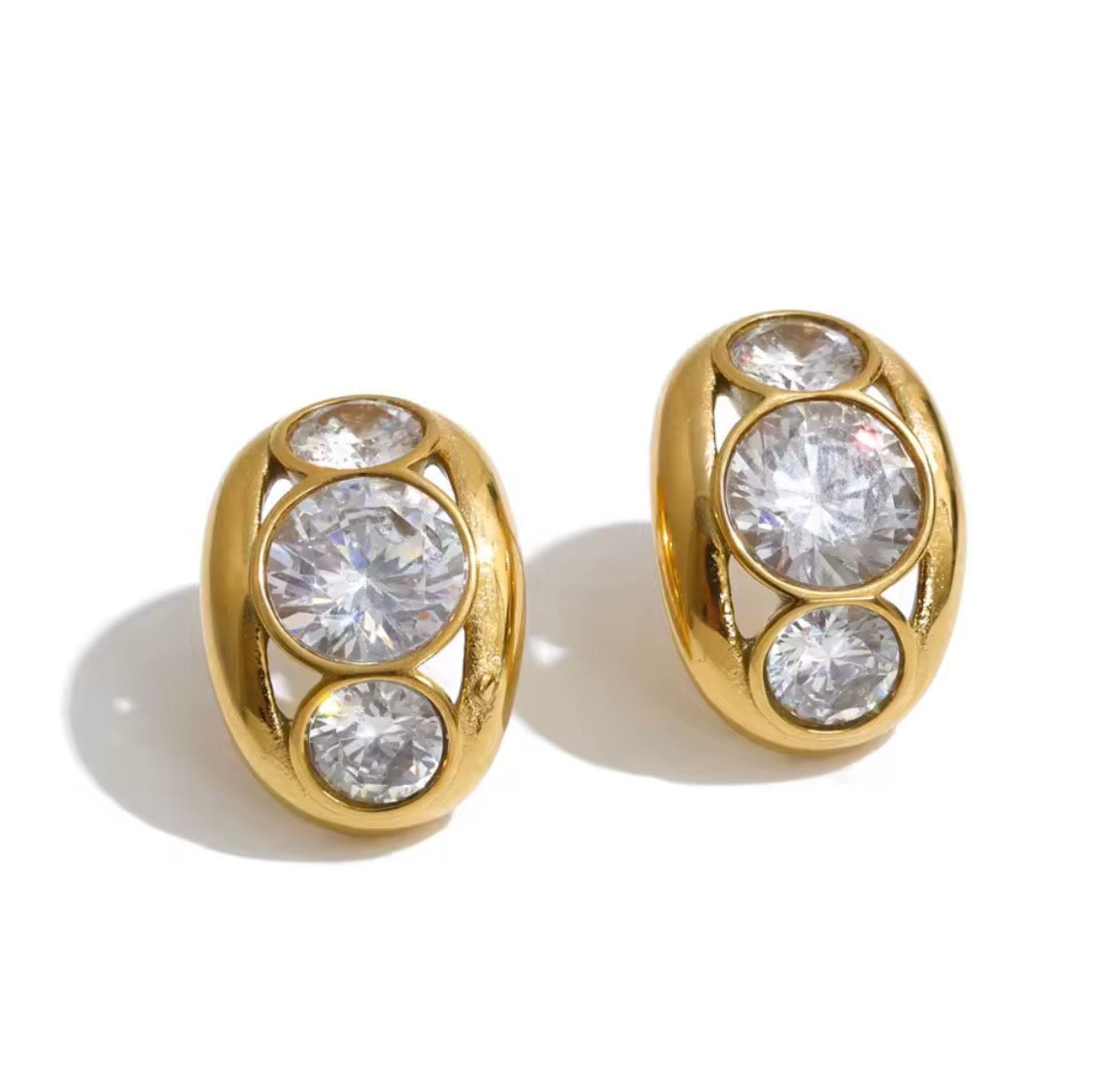 Three-Stone Oval Gold Stud Earrings