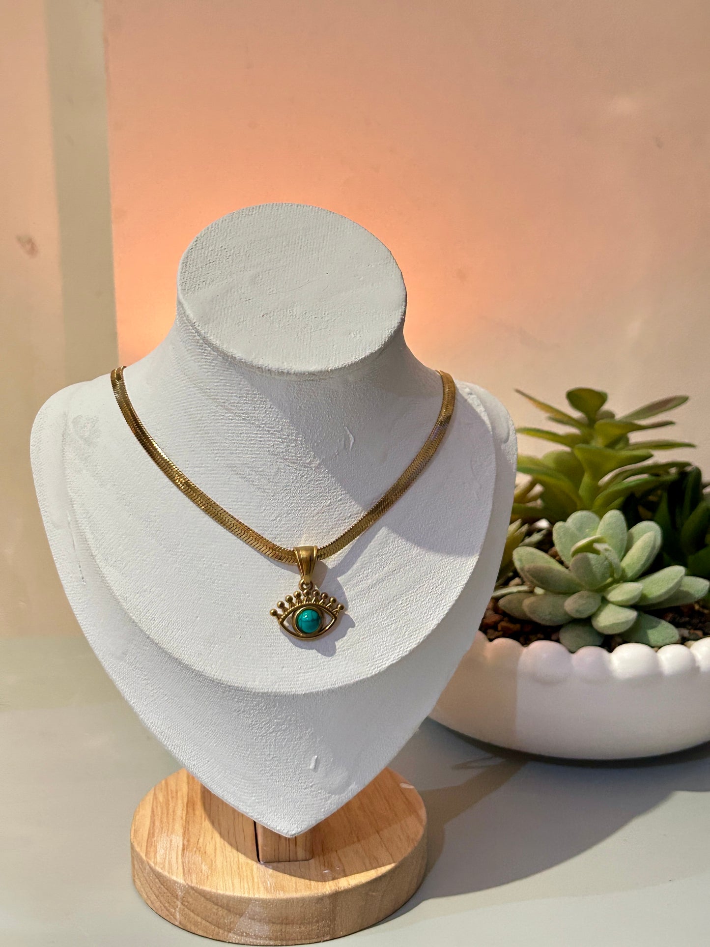 Evil Eye Snake Chain Necklace – Removable Natural Stone Pendant