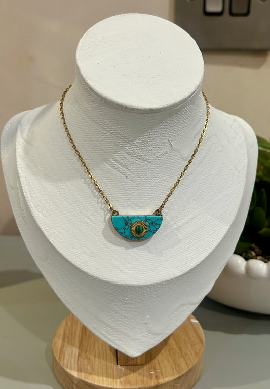 Natural Turquoise Half Moon Pendant Necklace