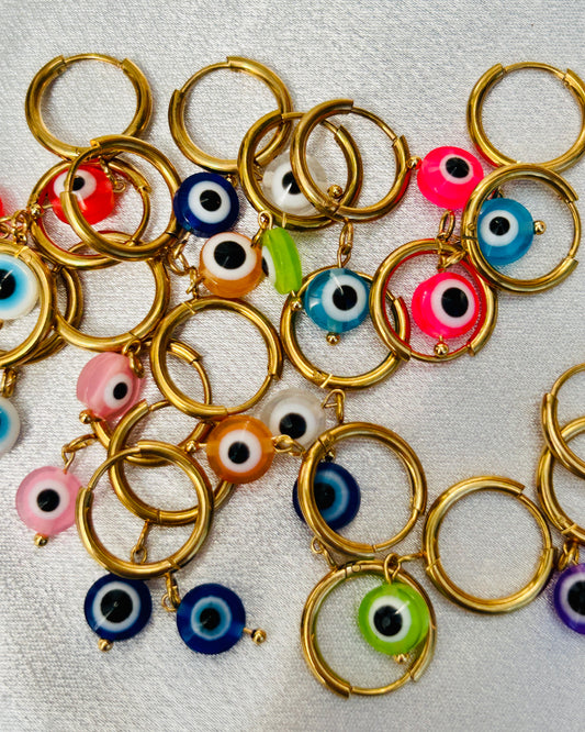 🧿 Mini Evil Eye Charm Huggie Earrings – Stainless Steel & Acrylic
