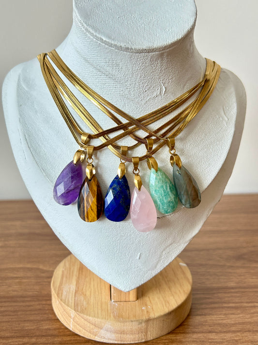 Natural Gemstone Teardrop Pendant Necklace