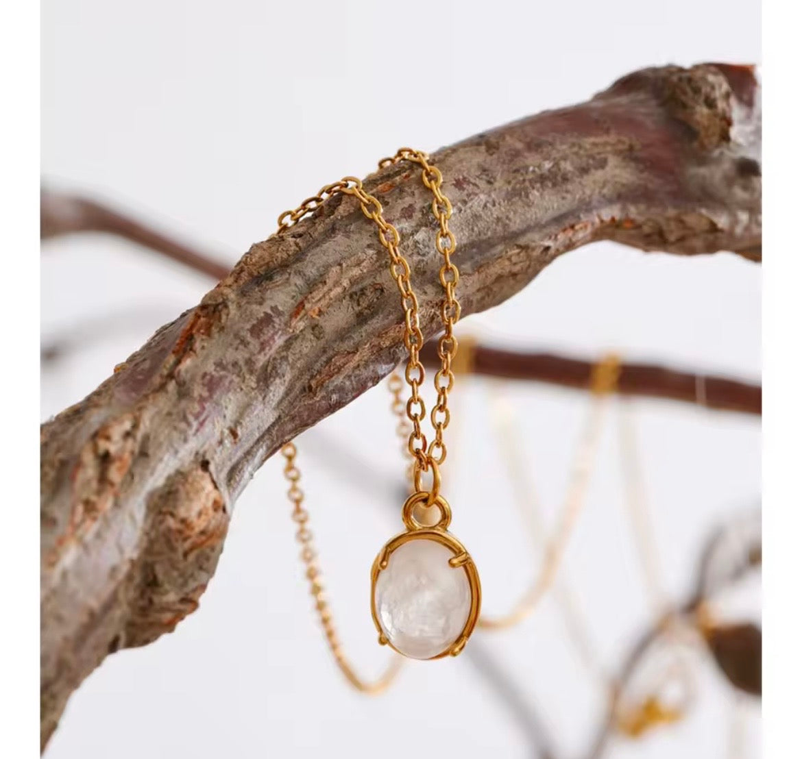 Natural White Stone Pendant Necklace – 18K PVD Gold Plated Stainless Steel