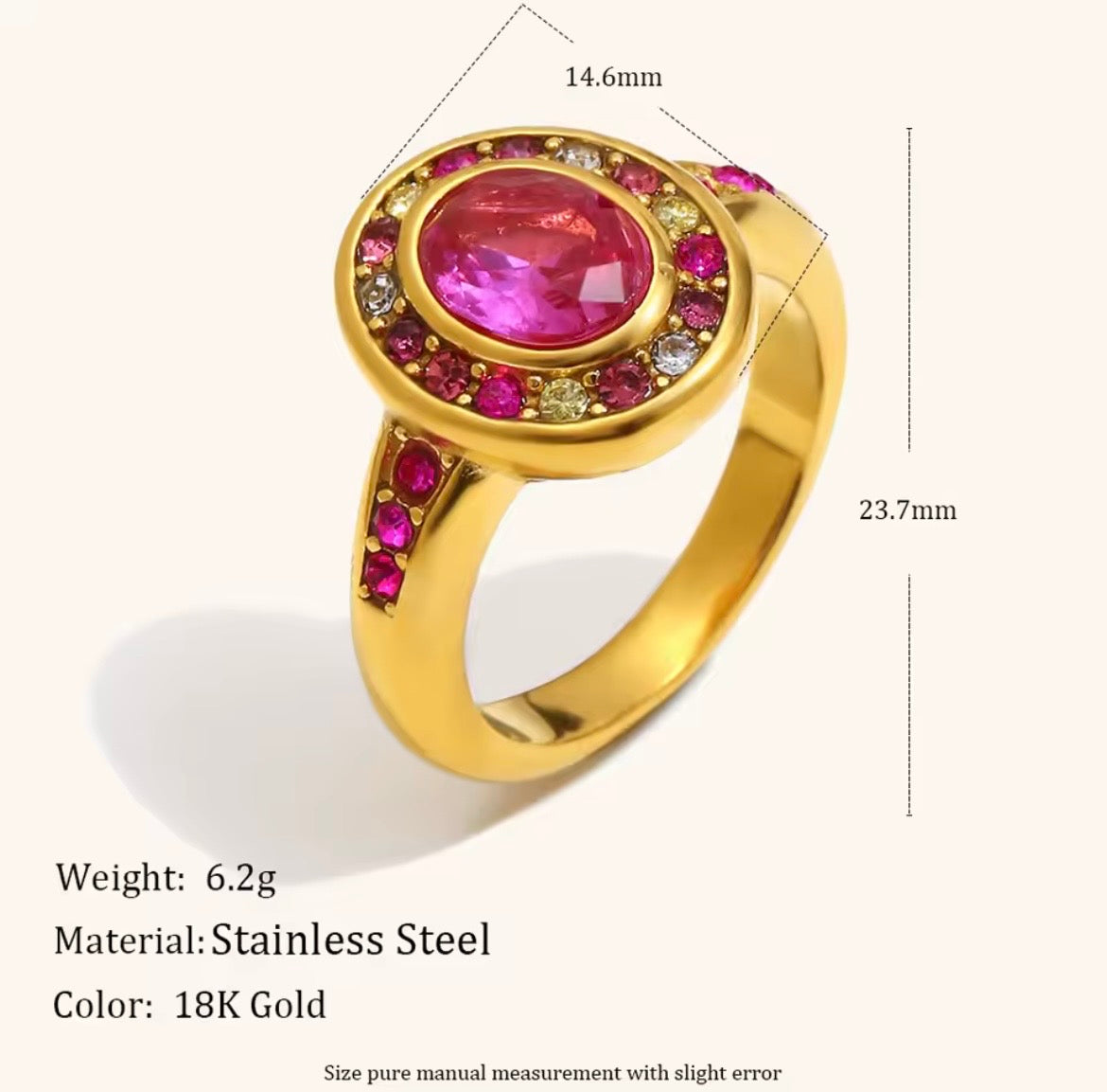 Ruby Radiance Halo Ring – 18K Gold Plated Stainless Steel