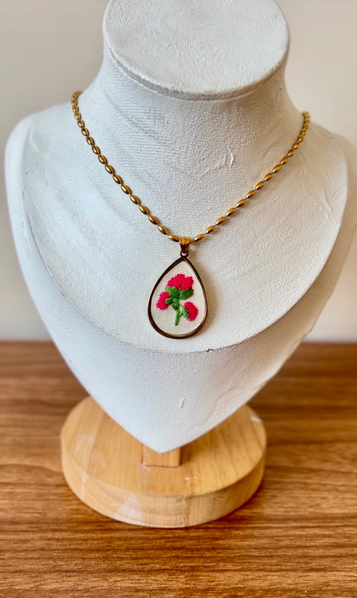 Pink Embroidered Floral Teardrop Necklace