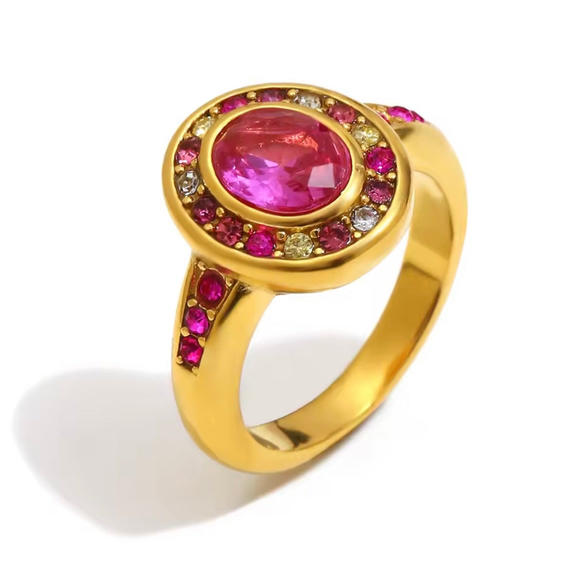 Ruby Radiance Halo Ring – 18K Gold Plated Stainless Steel