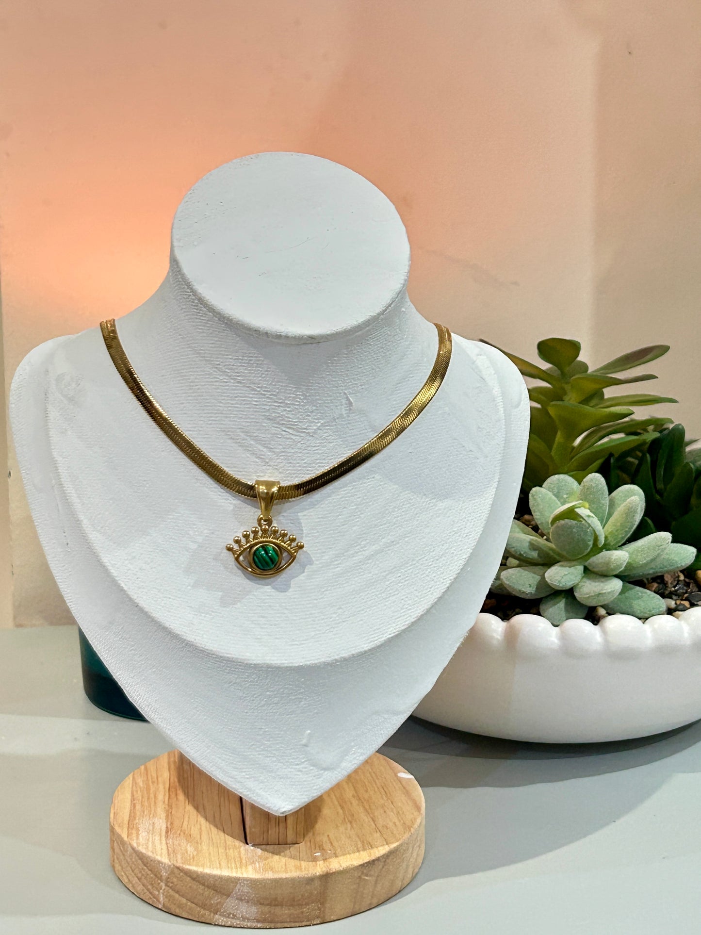 Evil Eye Snake Chain Necklace – Removable Natural Stone Pendant