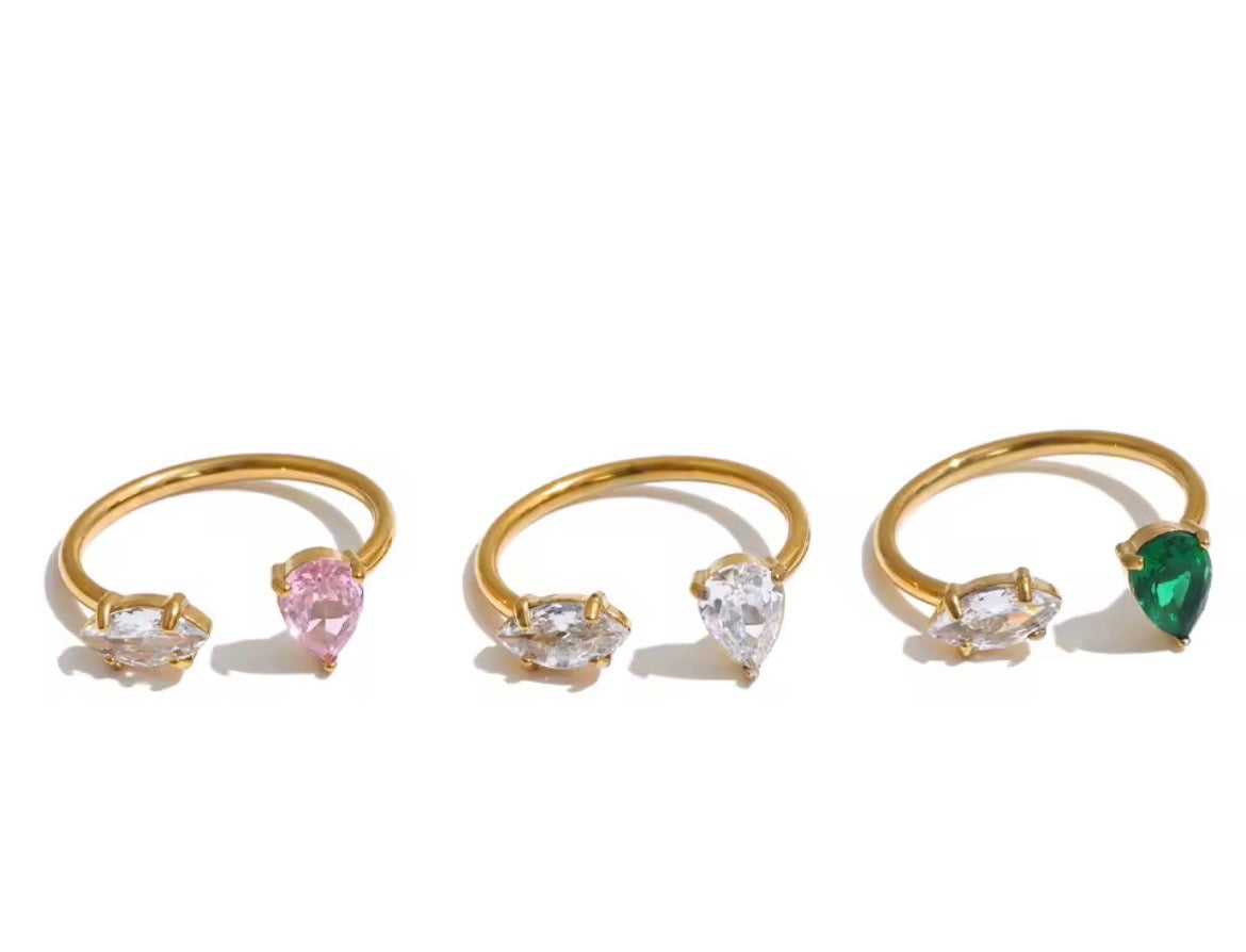 Teardrop CZ Open Adjustable Ring – 18K PVD Gold Plated Stainless Steel