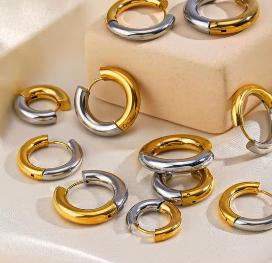 Two-Tone Chunky Oval Hoop Earrings – 18K Gold Plated Stainless Steel (Waterproof)