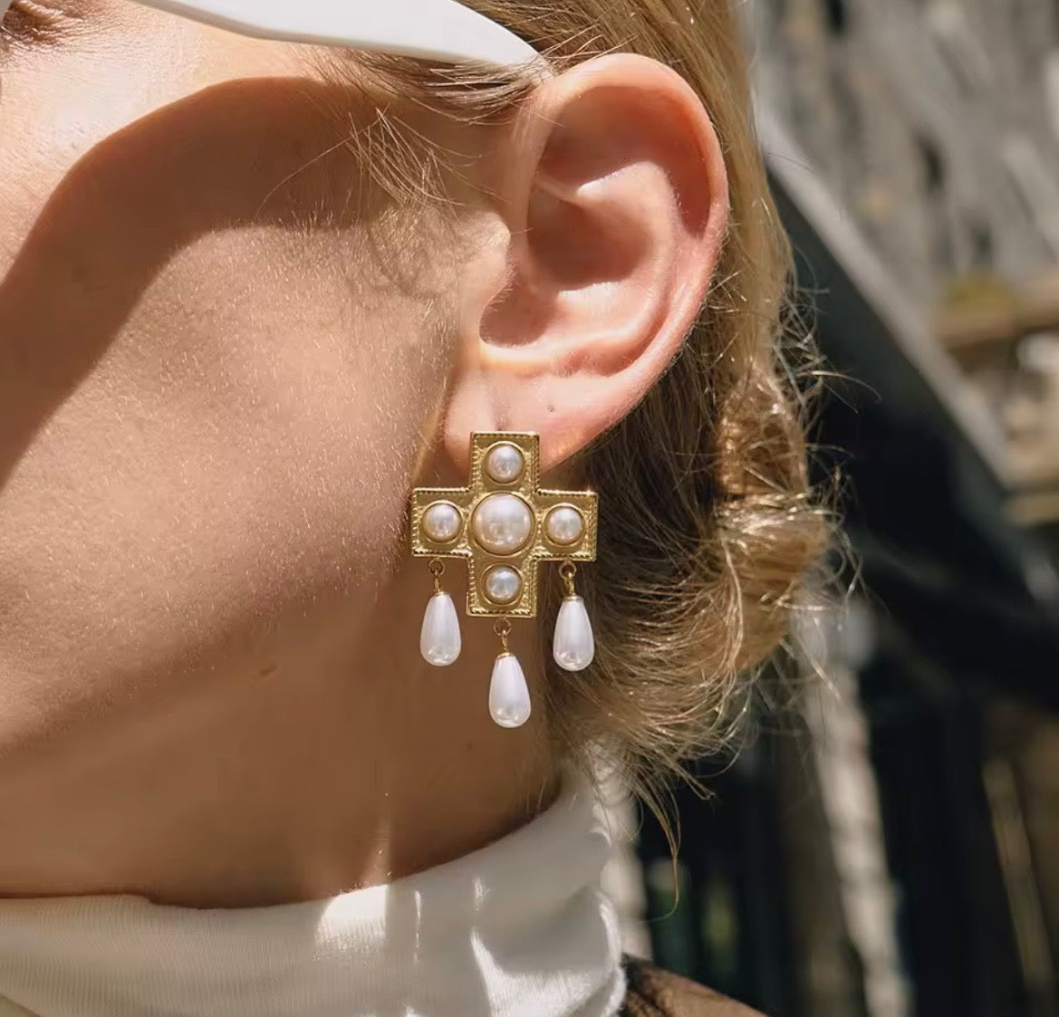 Vintage Cross Imitation Pearl Drop Earrings