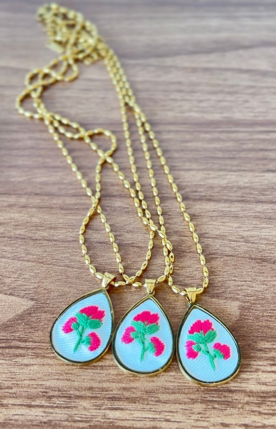 Pink Embroidered Floral Teardrop Necklace