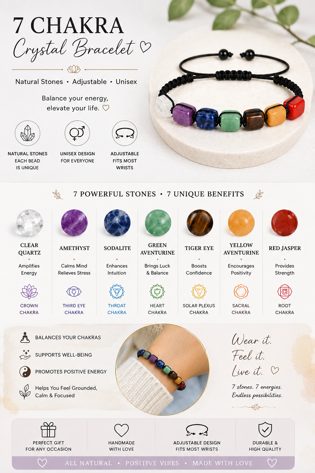 Seven Chakra Natural Stone Adjustable Bracelet – Healing Crystal Cord Bracelet