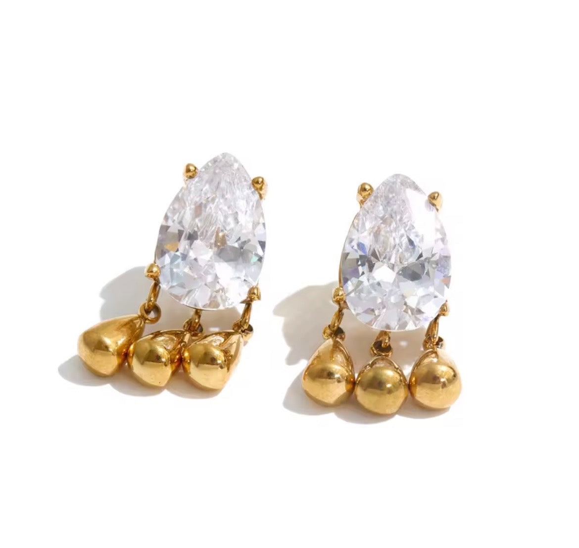 Gold Teardrop CZ Triple Dangle Earrings