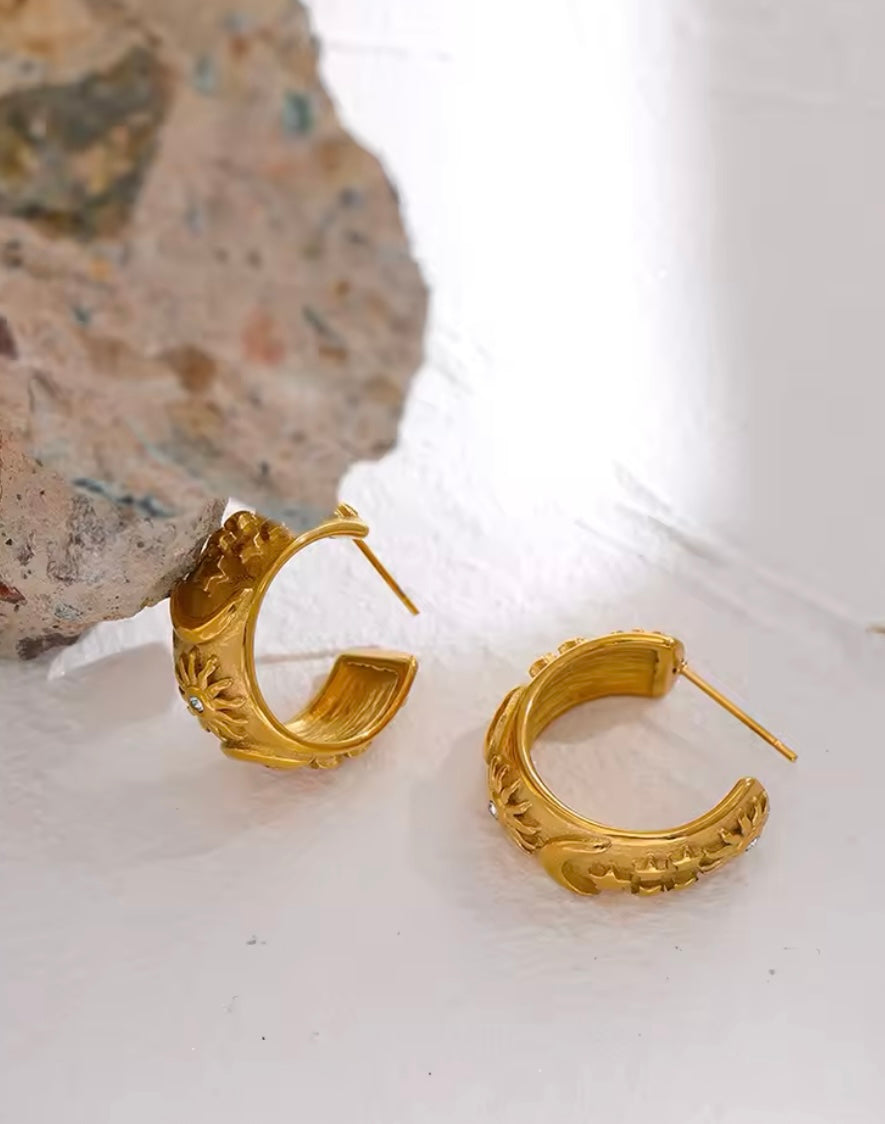 Stainless Steel Hoop Earrings – Moon, Star, & Sun Geometric Design