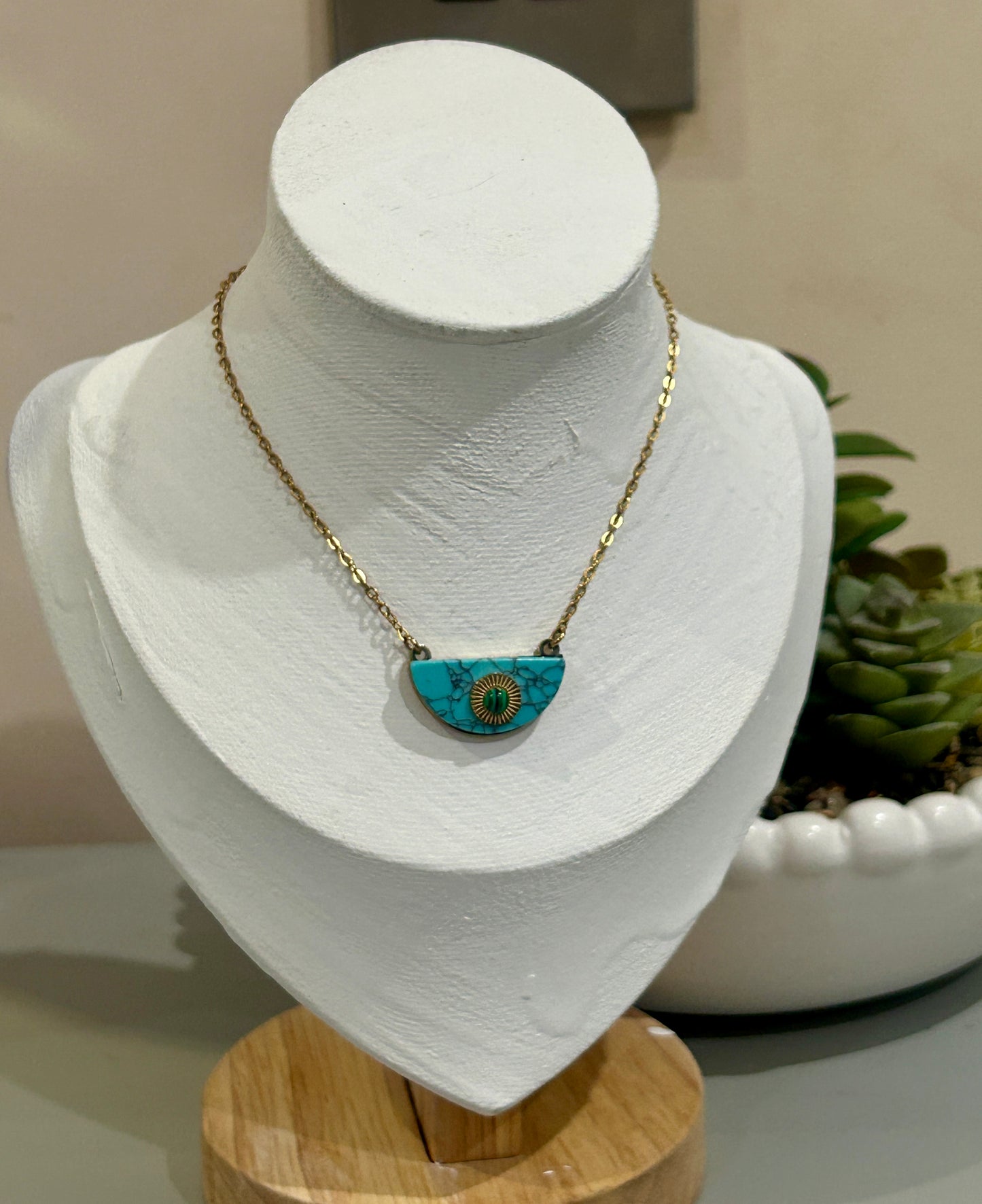 Natural Turquoise Half Moon Pendant Necklace