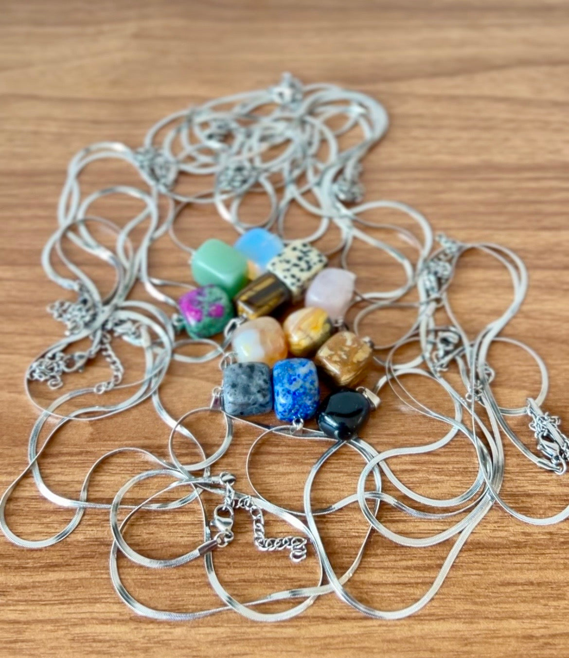 Natural Gemstone Cube Pendant Necklace – Stainless Steel