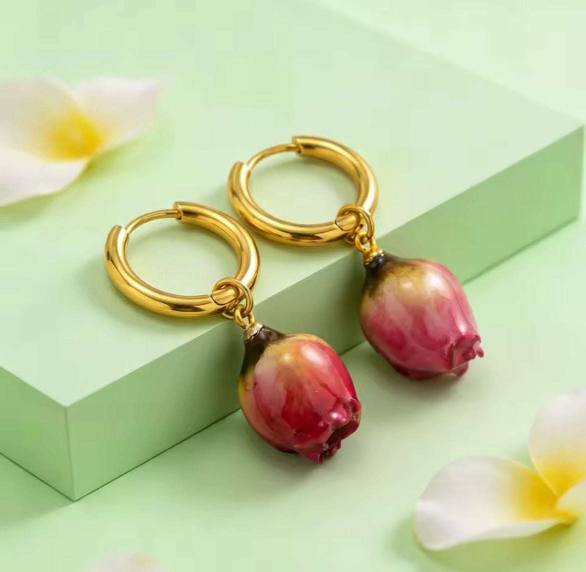 Bloom Rose Petal Hoop Earrings – Natural Rose Flower Petals | 18K PVD Gold Plated Stainless Steel