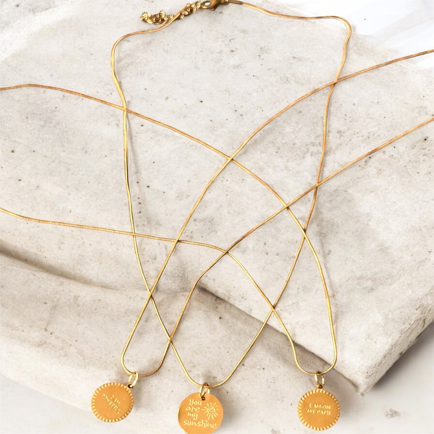 Affirmation Disc Pendant Necklace – Stainless Steel Snake Chain (3 Designs)