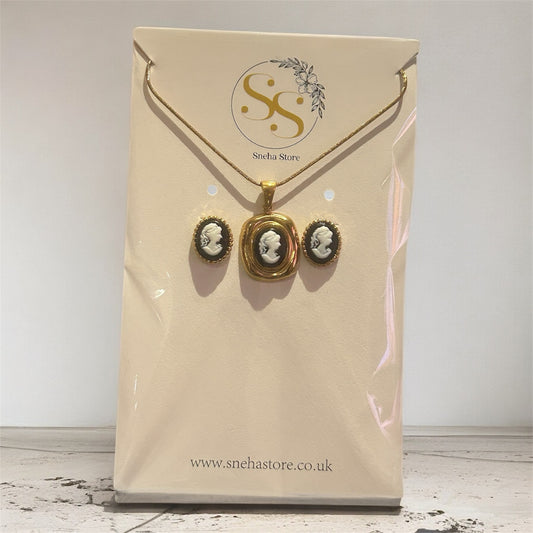 Vintage Cameo Goddess small Earring Stud and Necklace