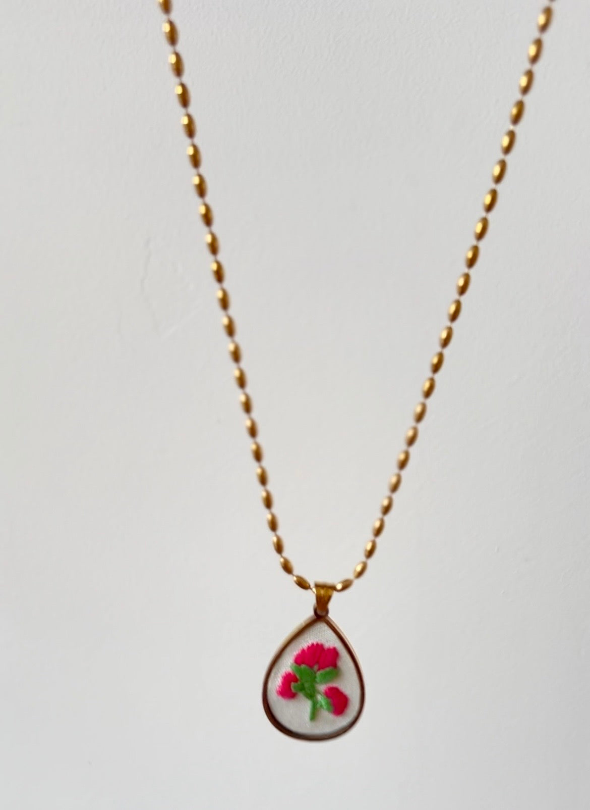 Pink Embroidered Floral Teardrop Necklace