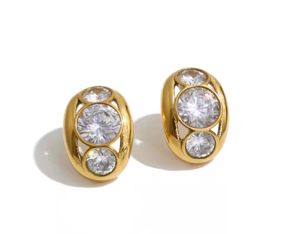 Three-Stone Oval Gold Stud Earrings