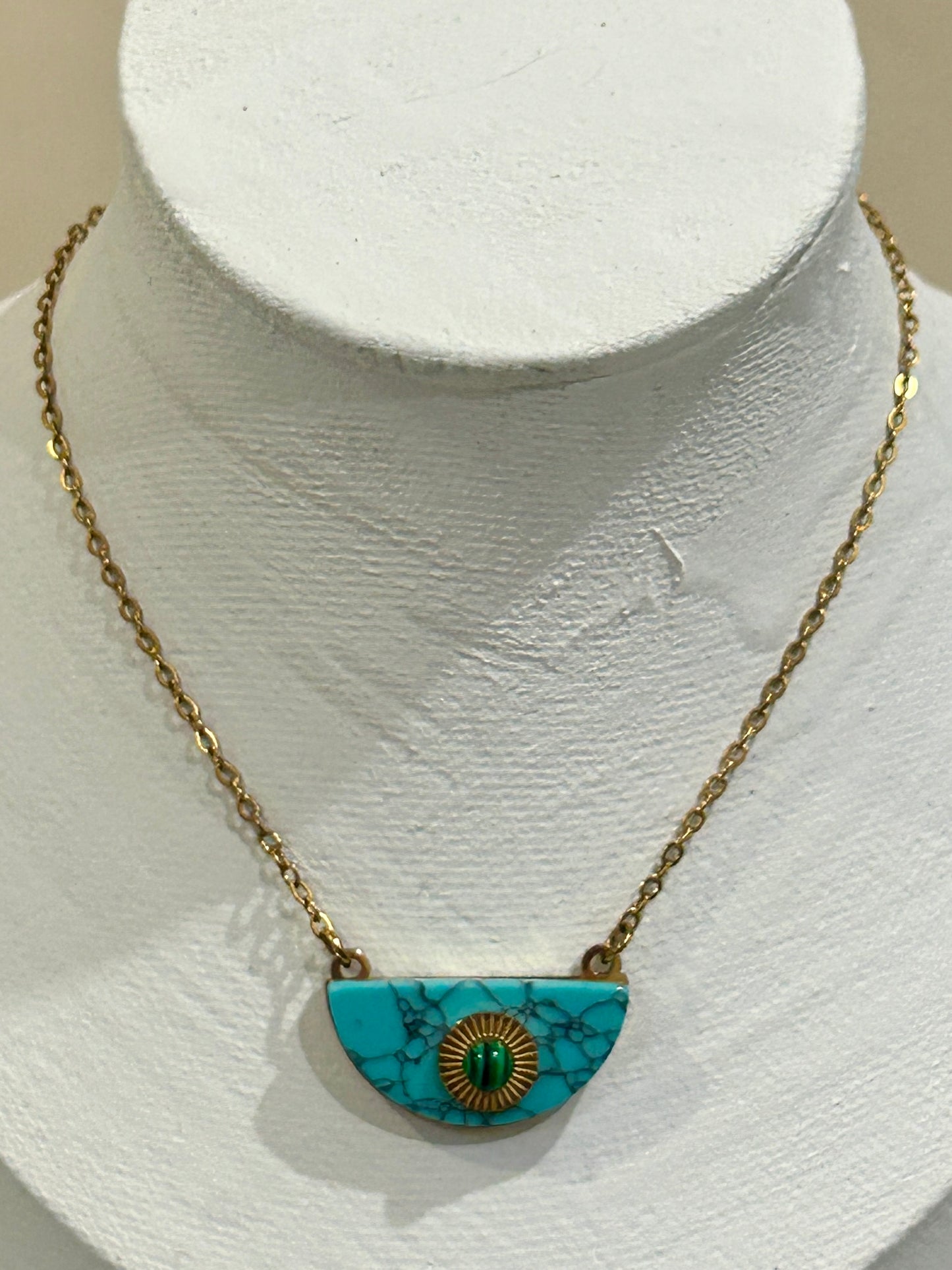 Natural Turquoise Half Moon Pendant Necklace