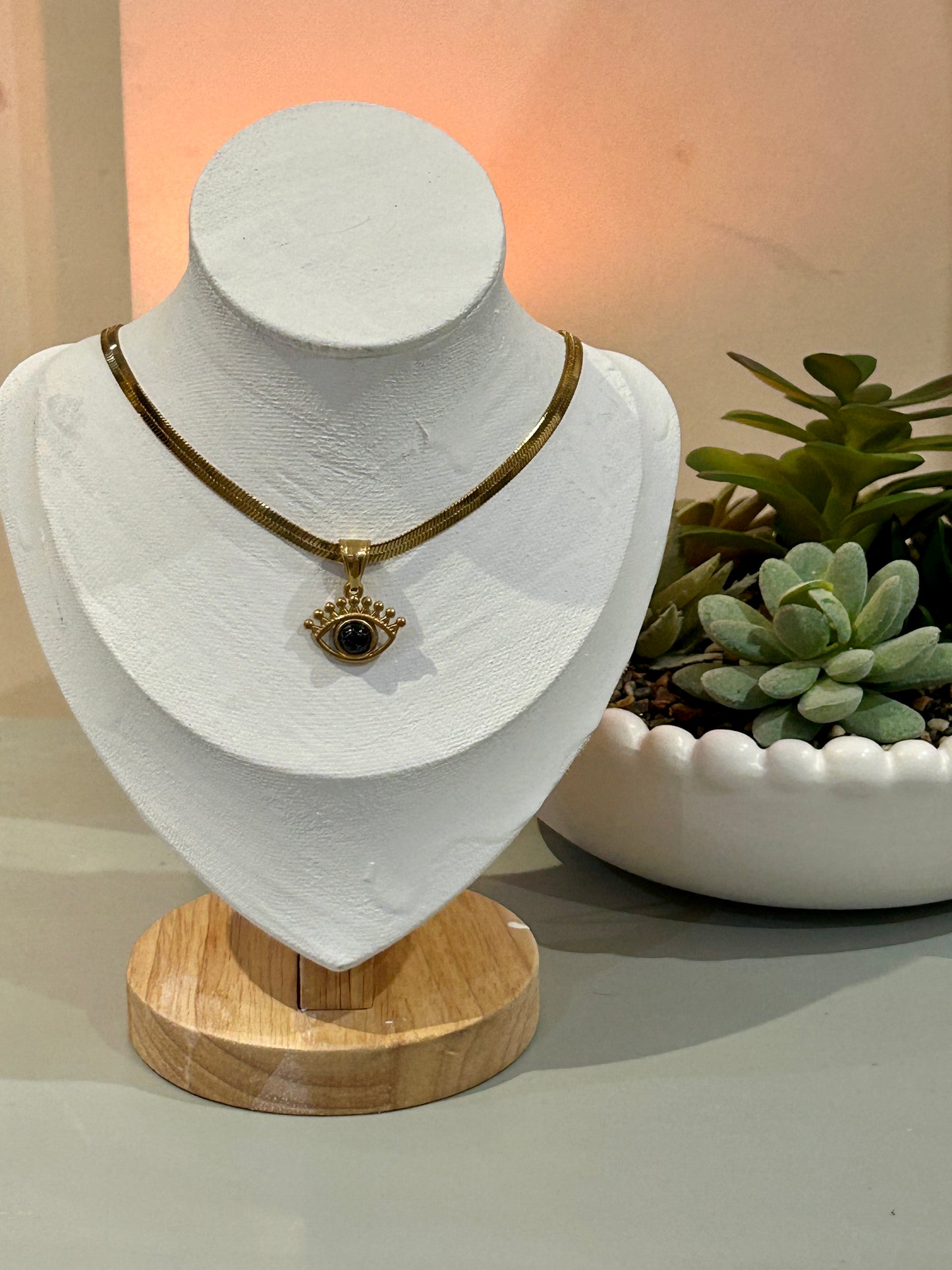 Evil Eye Snake Chain Necklace – Removable Natural Stone Pendant