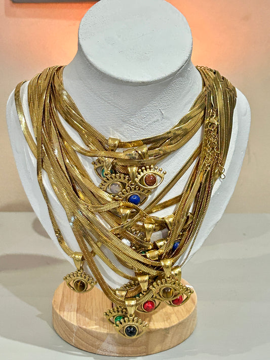 Evil Eye Snake Chain Necklace – Removable Natural Stone Pendant